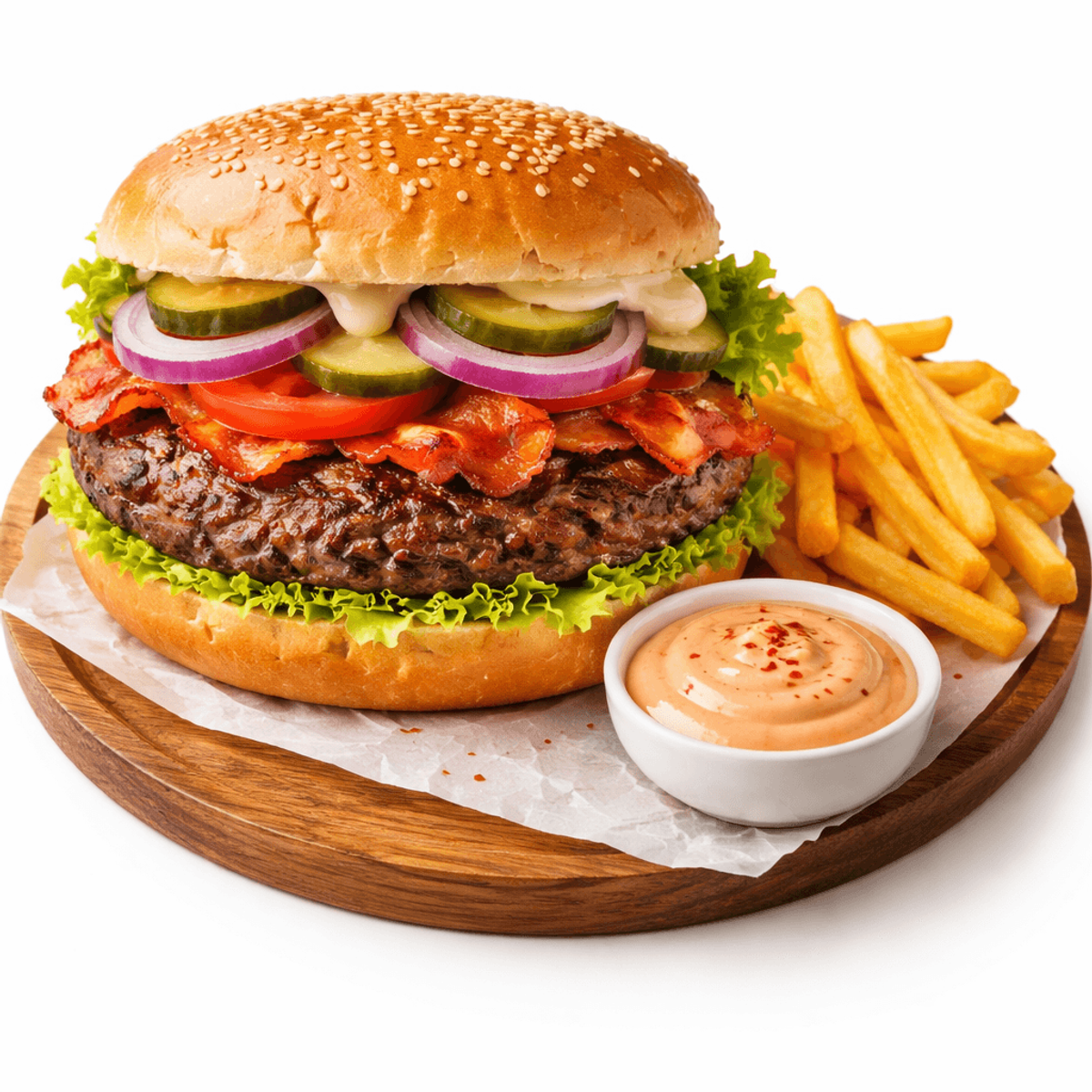 Burger ”Trei” cu cartofi prăjiți și sos calipso
